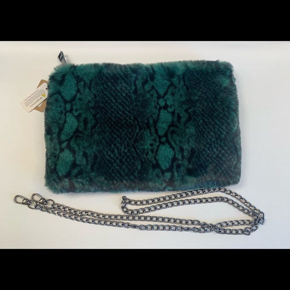 Fur Soft Plush Python Crossbody/Clutch- Style 2 Green/Blk - Picture 2 of 11